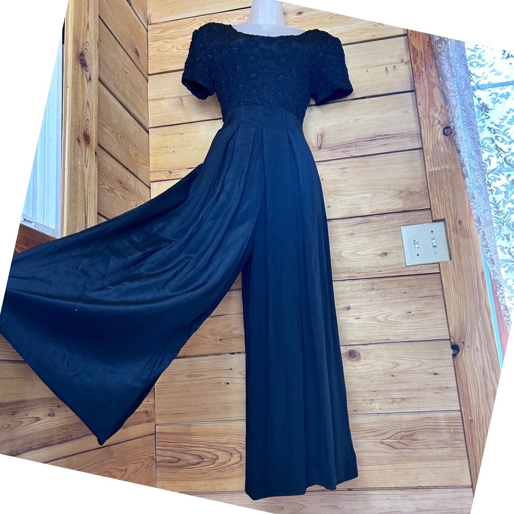 Vintage Jumpsuit Women Large Black Smocked Palazzo Wide Leg 90s My Michelle